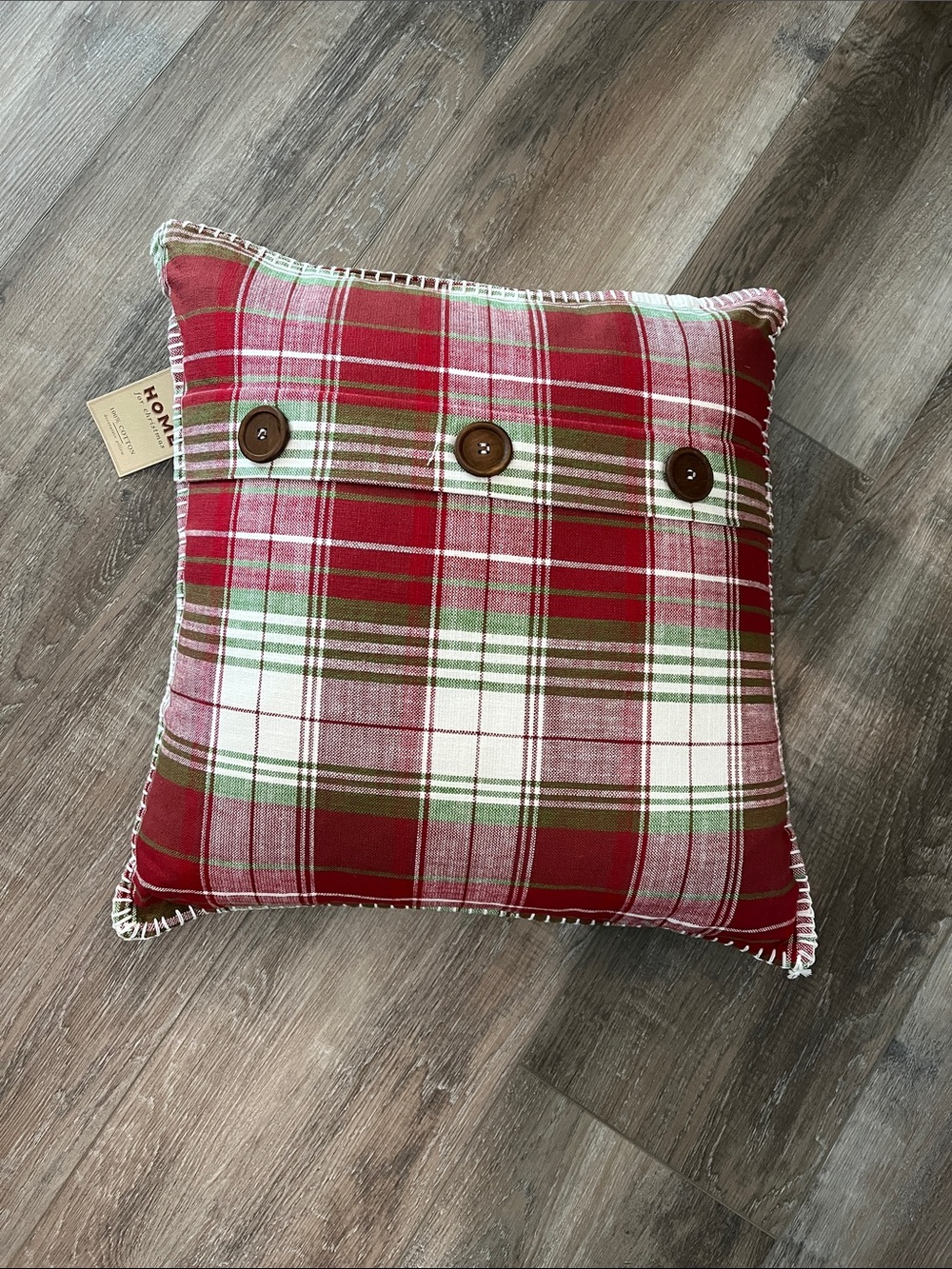 NEW Red & Green Plaid Button Accent Pillow 20” x 20”